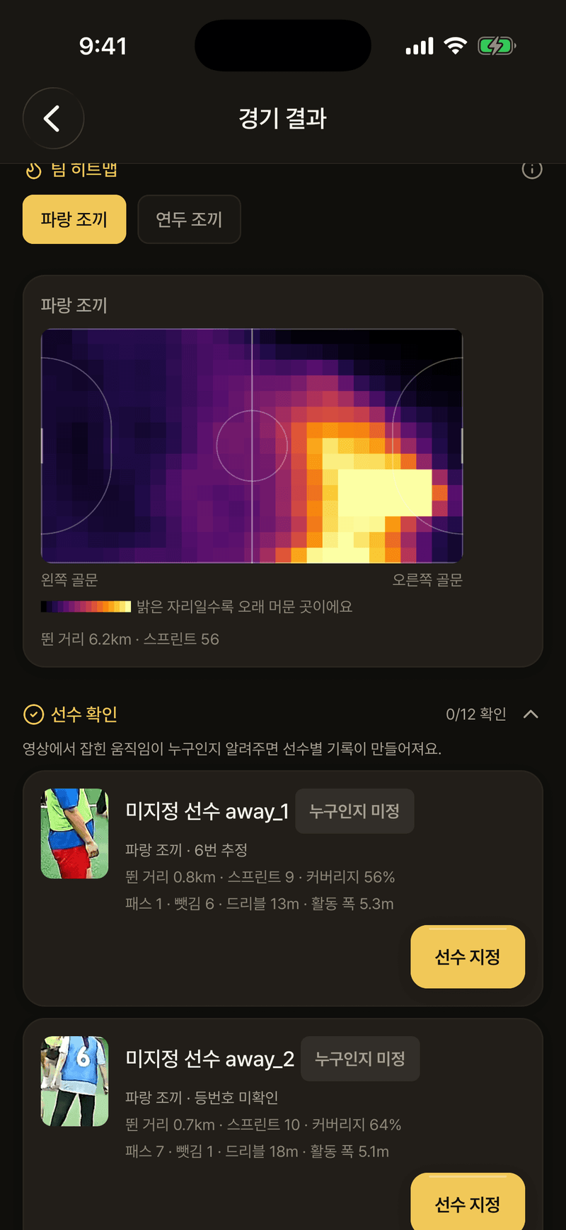 영상 분석 리포트 — 팀 히트맵·뛴 거리·스프린트
